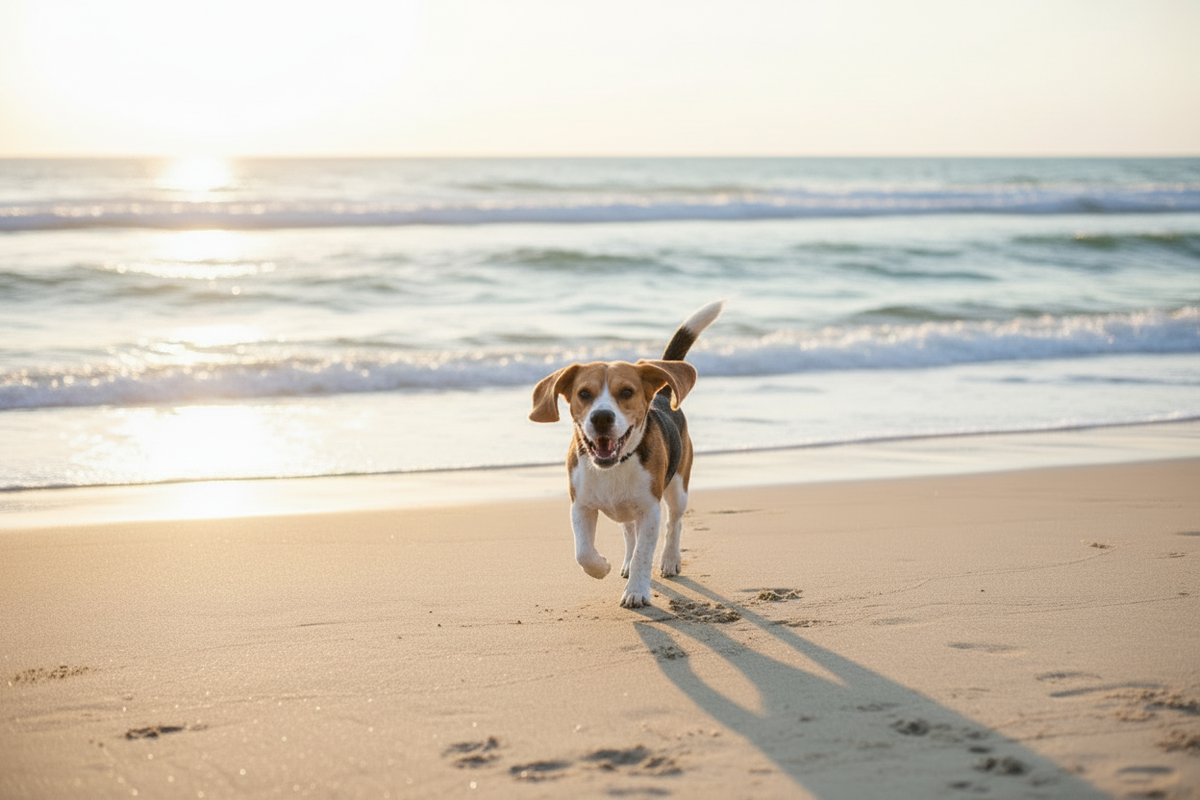 Beagle am Strand ohne Zunge